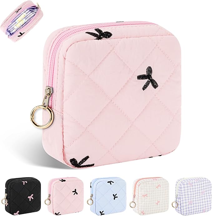 Period Bag for Teen Girls, Quilted Sanitary Napkin Storage Bag, Cute Bow Tie Menstrual Pad Pouch Tampon Holder (Pink)