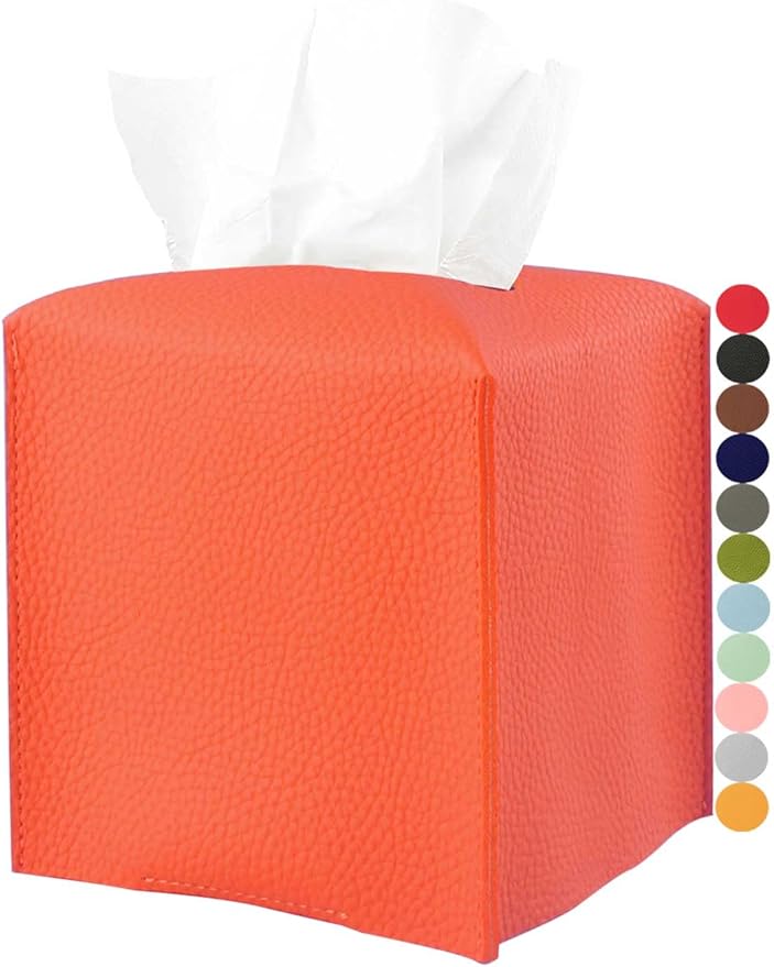 Orange Tissue Box Cover Square – Tissue Box Holder with Bottom Belt [JESMINI] Modern PU Leather Tissue Holder for Home Fall Decoration