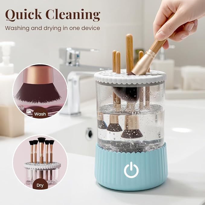 Electric Makeup Brush Cleaner Machine, Multi-Functional Cosmetic Brush Cleaner, Portable Automatic Makeup Brush Cleaning Solution With Dryer-Holder for All Brush Sizes (Pink)