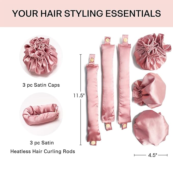 3Sets/6PCS Ariuvor New Satin Heatless Hair Curler,Hair Rollers for Heatless Curls with Hair Caps,Soft Heatless Curling Rod Headband for Long Hair,No Heat Curling to Sleep in Overnight (pink)