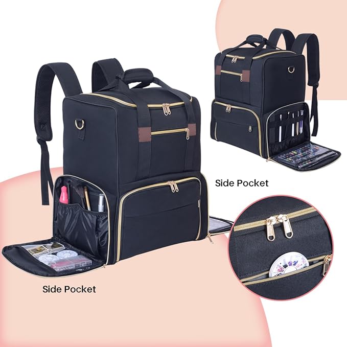 Nail Polish Organizer Backpack Holds 80 Bottles and a Nail Lamp Supplies with 2 Removable Cases Storage Bag Professional Travel Case for Manicurist (Black)