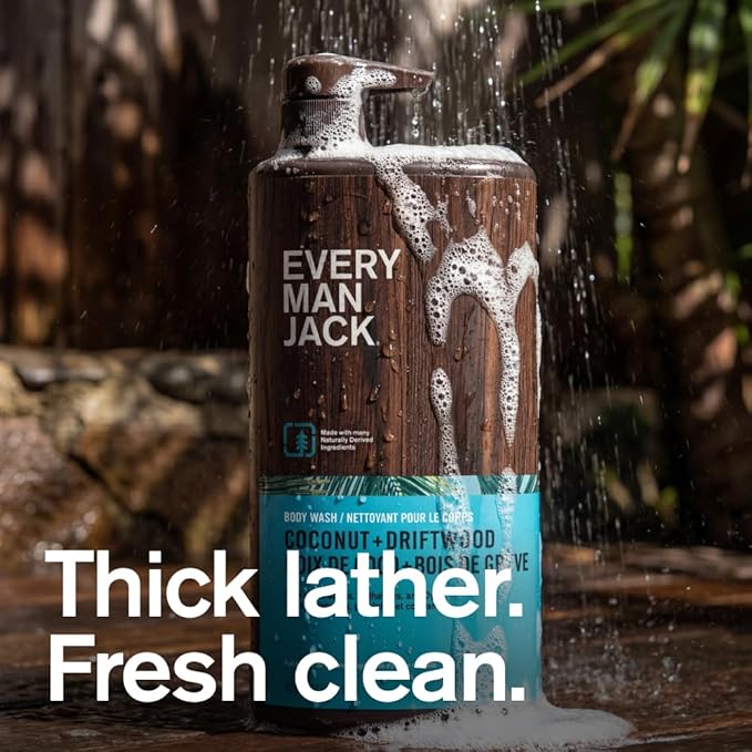 Every Man Jack Coconut + Driftwood Mens Body Wash for All Skin Types - Cleanse, Hydrate, and Smell Great - Free of Parabens, Phtalates, and Dyes - 33.8 fl oz (2 Pack)