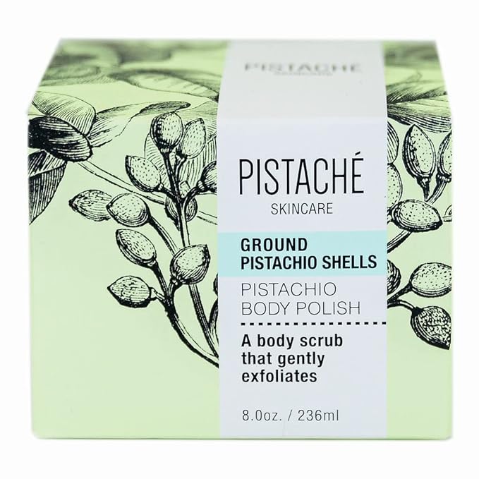 Pistaché Skincare Pistachio Oil Body Polish with Ground Pistachio Shells | Exfoliating Scrub | Hydrating & Moisturizing with Vitamin E & Antioxidants, 8 oz
