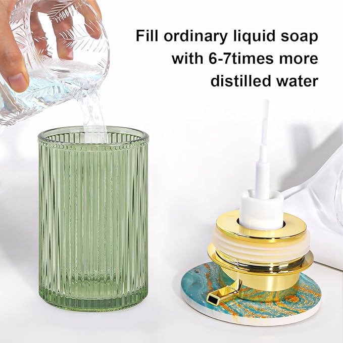 Foaming Soap Dispenser, 12 Oz Green Glass Foam Hand Soap Dispenser, Refillable Glass Foam Pump Bottle Container Decorative Slim Ribbed Bottle for Bathroom and Kitchen