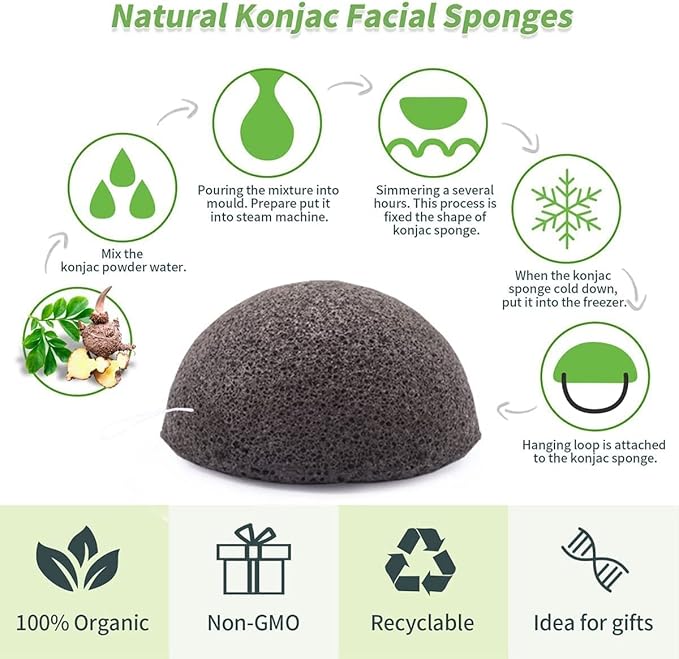 Organic Konjac Cleansing Facial Sponges Set - Gentle Exfoliating Konjac Sponge Scrubbers for Face Body Washing with Activated Charcoal, Natural Skincare Tools for Oily Dry Combination Sensitive Skin