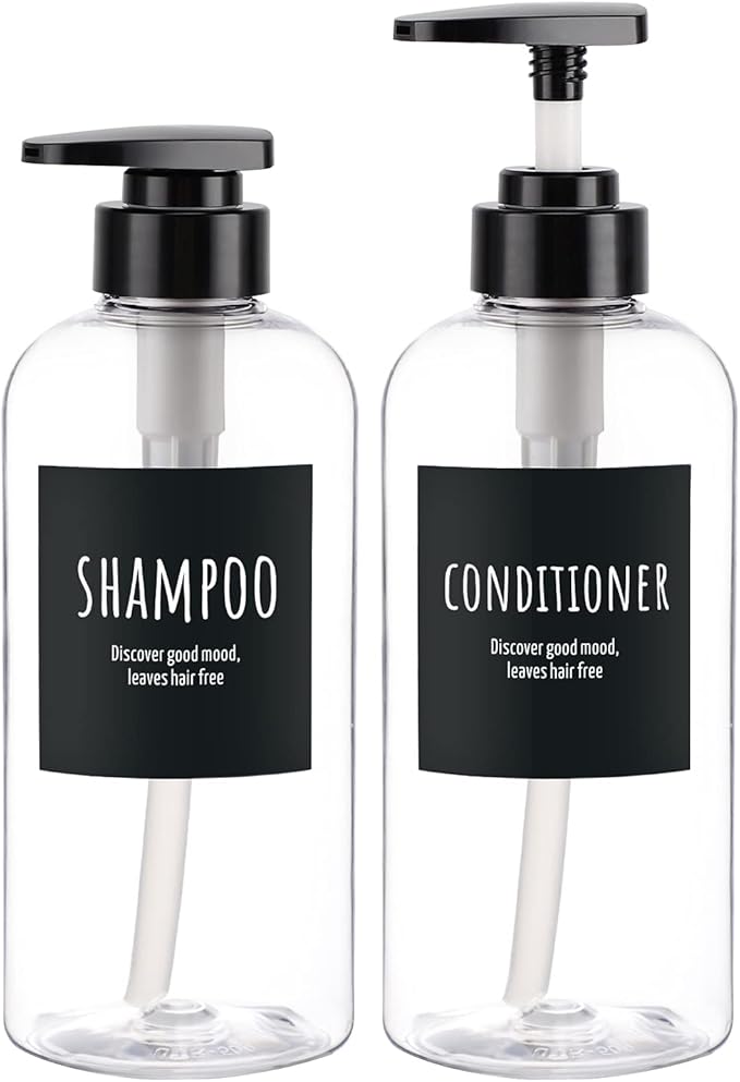 Shampoo and Conditioner Bottles, Segbeauty 2 Pack 16.9oz Refillable Shampoo Bottles, 500ml Labeled Clear Shower Bottles Refillable, Large Empty Plastic Bathroom Soap Lotion Shampoo Dispenser with Pump