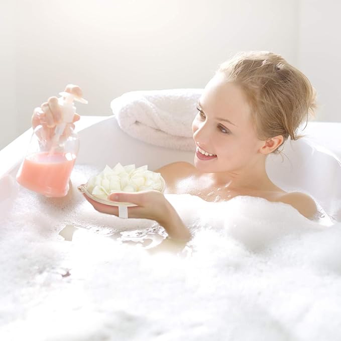 Boao 6 Pcs Bath Shower Pouf Sponge Mesh Pouf Shower Ball Exfoliating Body Sponge Pad Scrubber Glove with Flower Bath Ball (Beige)
