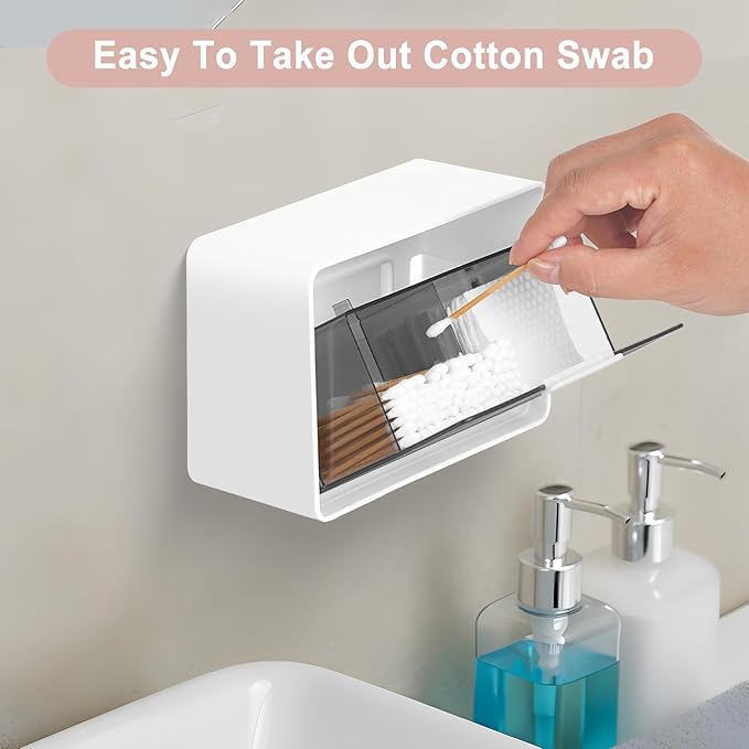 Qtip Holder, 2 Pack Wall Mount Qtip Holder Organizers for Bathroom Cotton Swabs, Balls, Cosmetic Cotton Pads, Dental Floss Storage - WhiteGrey