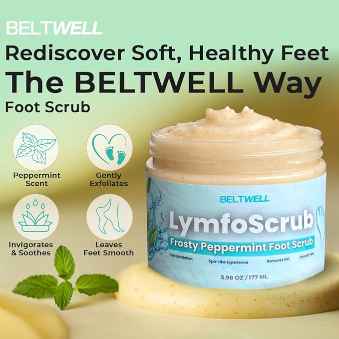 Beltwell® LymfoScrub™ Frosty Peppermint Body Scrub & Foot Cream – Foot Exfoliator Scrub for Sensitive, Itchy, Cracked & Swollen Feet – Smooths & Refreshes with Gentle Exfoliation & Cooling Formula