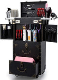 Rolling Lockable Makeup Train Case Hairdressing Trolley Stylist Beauty Salon Cosmetic Luggage Travel Organizer Tool Box with Hair Dryer Holder