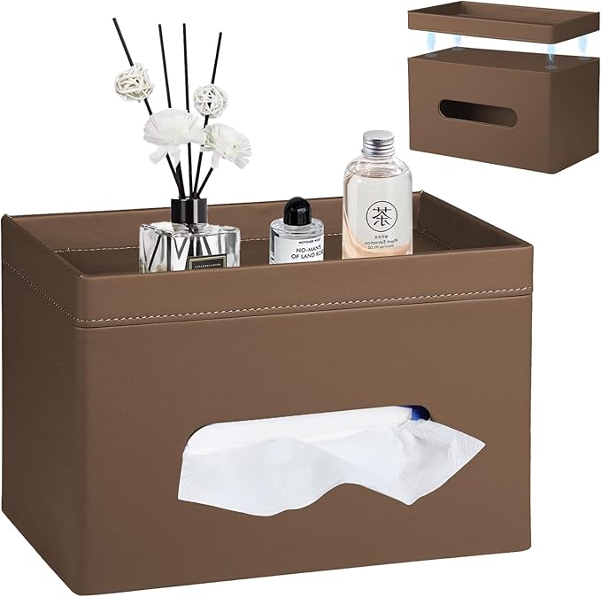 PU Leather Tissue Box Cover Rectangle with Detachable Storage Tray,Fits 230-Count Box Tall Rectangular,Modern Decorative Tissue Box Holder/Organizer for Bathroom,Bedroom Dresser,Night Stand