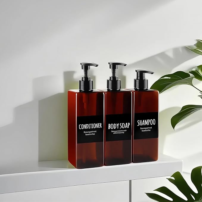 Shampoo and Conditioner Dispenser - Shower Shampoo Dispenser - 16.9 oz Soap Dispenser Set, 3 Black Plastic Bottles