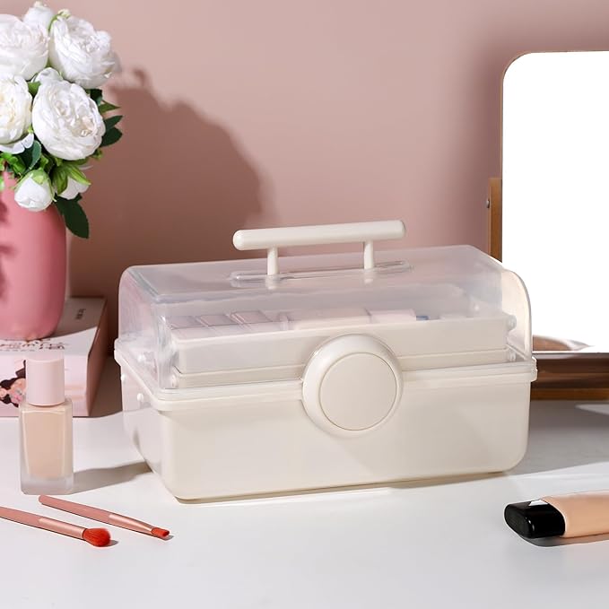 Pink Makeup Storage, Pink Tackle box for Women with Handle. Cosmetic Storage Box Organizer, Portable 3 Layers Makeup Case for Home