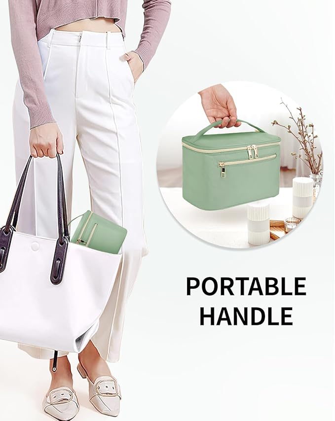 Wandering Nature Large Makeup Bag, Travel Make Up Organizer Cosmetic Brush Bags Case for Women in in Fabric,Sage Green,Patent Pending