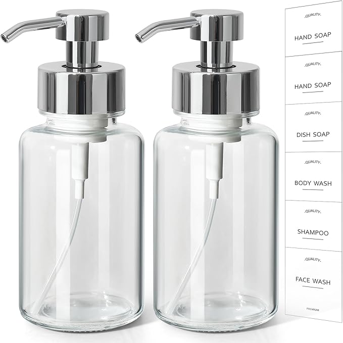 Foaming Soap Dispenser, 14.1 oz/400ml Foaming Hand Soap Dispenser, 2 Pack Glass Foaming Dispenser for Bathroom & Kitchen, Clear Refillable Liquid Dispenser Bottle with Waterproof Labels