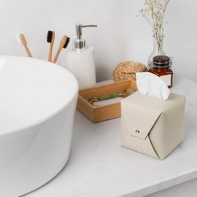 Tissue Box Cover Square, Leather Tissue Holder Organizer with Side Openings for Bathroom, Vanity, Tabletop, Office (2Pack-White)