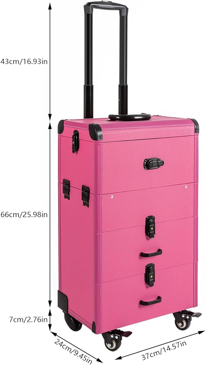 Rolling Makeup Train Case with Wheels and Mirror, Lockable Portable Cosmetic Organizer Trolley, Large Make up Cosmetic Orgainzer, Pro Makeup Artists Multifunction Cosmetics Trolley Train Case (Rose)