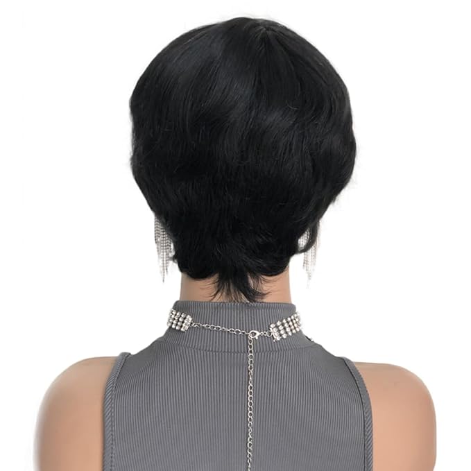 Adette Basic Pixie Cut Wig Straight Style - 1B/99J Burgundy Highlight 180% Density Brazilian Virgin Human Hair with Rose Net Cap, Glueless Machine Made for African American Women, Cosplay & Daily Wear