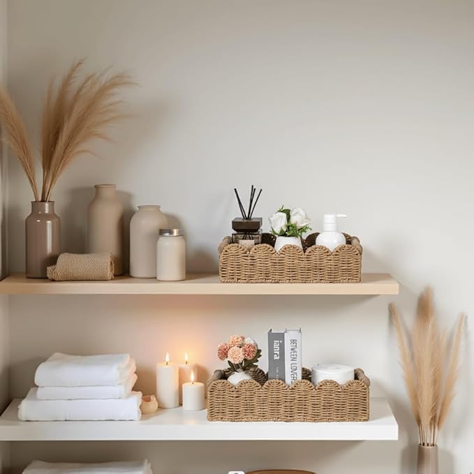 CubesLand Toilet Paper Storage Basket, Scalloped Edge Shelves Basket for Organizing for Over Toilet Tank Storage, Home Decor Baskets for Shelf, Countertop, Living Room, Bedroom, Handwoven, Neutral