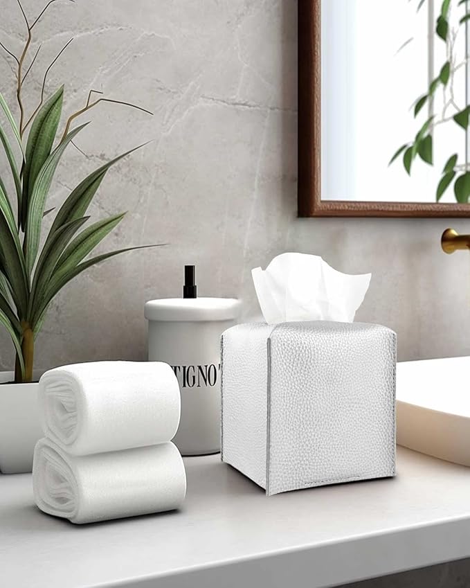 Silver Tissue Box Cover Leather – Square Tissue Box Holder with Bottom Belt by JESMINI, Modern PU Leather Cube Tissue Holder for Bathroom Vanity Countertop/Night Stands/Office