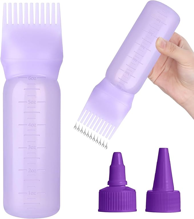 Root Comb Applicator Bottle Oil Applicator for Hair Dye Hair Oiling Bottle with 2 Types Caps and Graduated Scale, 6 Ounce (Purple)