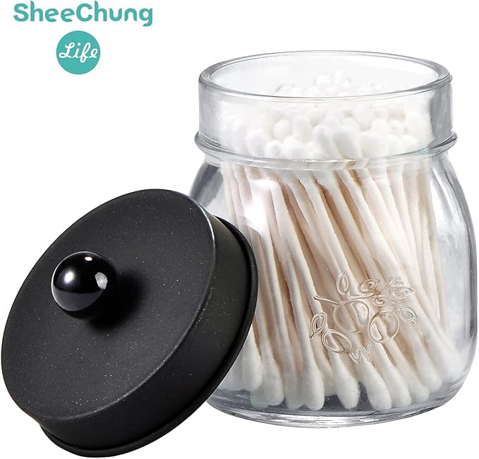 SheeChung 6 Pack Qtip Holders with Labels, Bathroom Organizers and Storage, Bathroom Decor, Apothecary Jars with Lids, Small Mason Jars for Qtips, Cottons, Floss, Balls, Cotton Swabs-Black