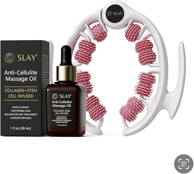 SLAY' Anti Cellulite Massage Roller & Body Oil Bundle, Lymphatic Drainage Roller, Cellulite Remover for Legs and Arms, Deep Tissue Massage Relief, Self Care Gifts, Womans Gifts