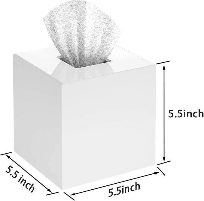 Tissue Box Cover Square, Modern Acrylic Tissues Holder, Facial Tissue Holder, Modern Tissue Dispenser for Bathroom Vanity Bedroom Office, Shiny White