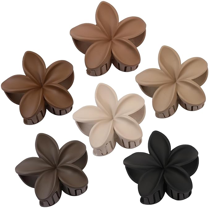 Flower Hair Clips 6 PCS Hawaiian Claw Clips for Vacation Hibiscus Hair Claw Cute Large Hair Clips for Thick and Thin Hair Plumeria Hair Accessories for Women Girls -Coffee