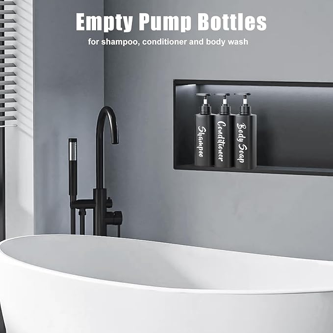 16.9oz Bathroom Soap Dispenser Set, Refillable Shampoo and Conditioner Bottles, Empty Bottles with Pump for Shampoo, Conditioner, or Body Wash, Matte Black Shower Dispensers, Set of 3