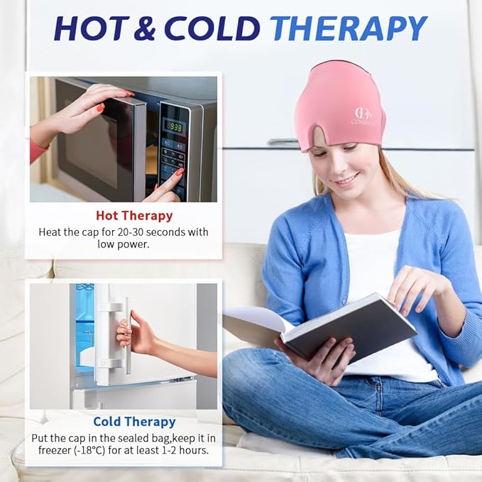 Migraine Relief Cap, Soothing Headache Ice Face Mask Products, Hot and Cold Therapy, Migraine Headache Relief Cap for Migraine, Sinus, Puffy Eyes, Tension, Stress and Hangover (Black+Pink)