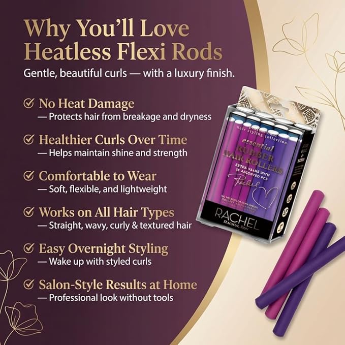 Rachel Roy Flexi Rods Foam Hair Rollers -1/2" 5/8" 3/4" 1" Diameter- Professional Salon Quality 18 Pcs Rubber Hair Rollers for Long, Medium, and Short Hair, Hair Curlers to Sleep in for Women