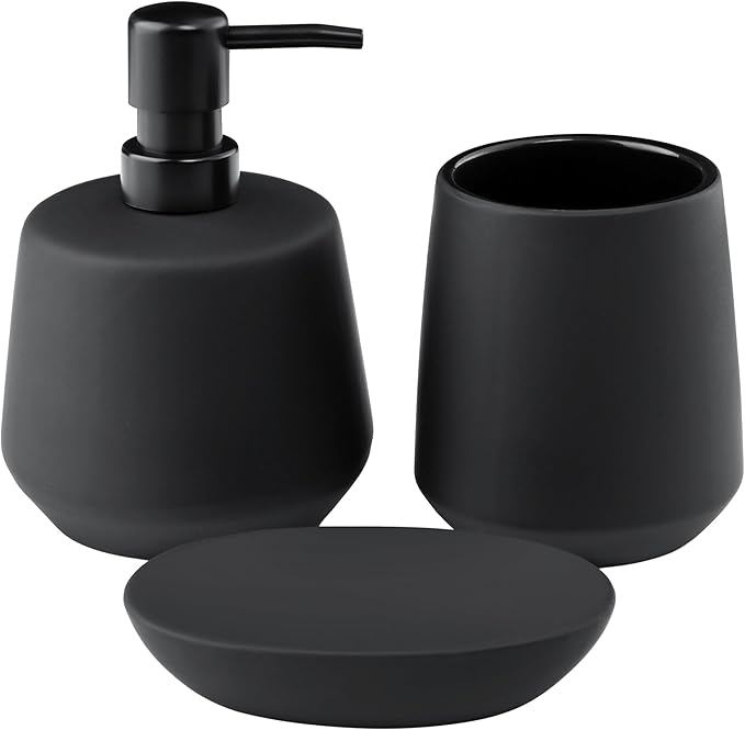Navaris Ceramic Bathroom Sink Accessories Set - Complete 3pc Matte Black Accessory Set - Soap Dispenser, Toothbrush Holder and Tray - Sets for Bathrooms, Vanity, and Kitchen Sinks