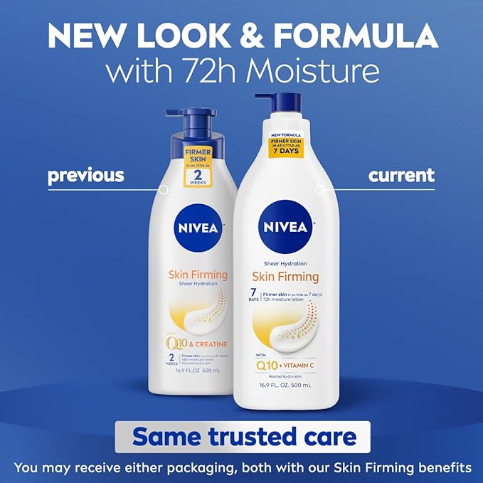 NIVEA Sheer Hydration Skin Firming Body Lotion with Q10 and Vitamin C, 72-Hour Body Moisturizer for Normal to Dry Skin, 16.9 Fl Oz Pump Bottle