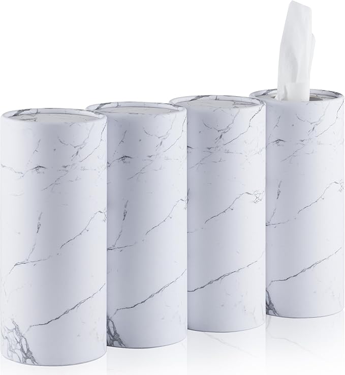 SINGARO Car Tissue Holder, 4 Pack Car Cup Holder Facial Tissues with Travel Tissue Bag, Quick and Convenient Flower Combination Car Tissue Box(4 Canisters/200 Tissues) White