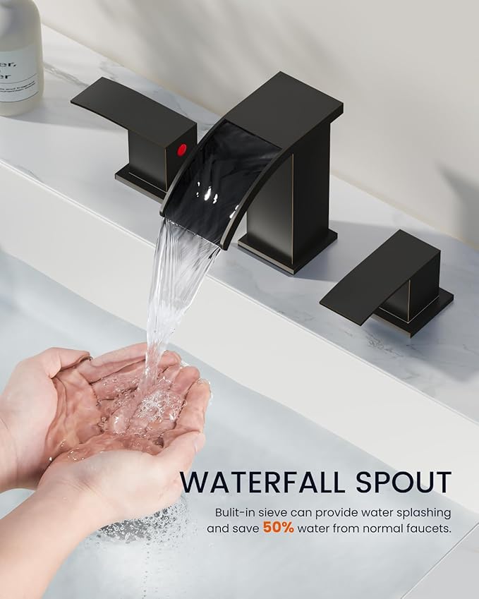 gotonovo Waterfall 8 inch Widespread Bathroom Faucet Set Bathroom Sink Faucet 3 Hole 2 Handle Vanity Lavatory Deck Mount with Pop Up Drain and Water Supply Lines Square Body Oil Rubbed Bronze