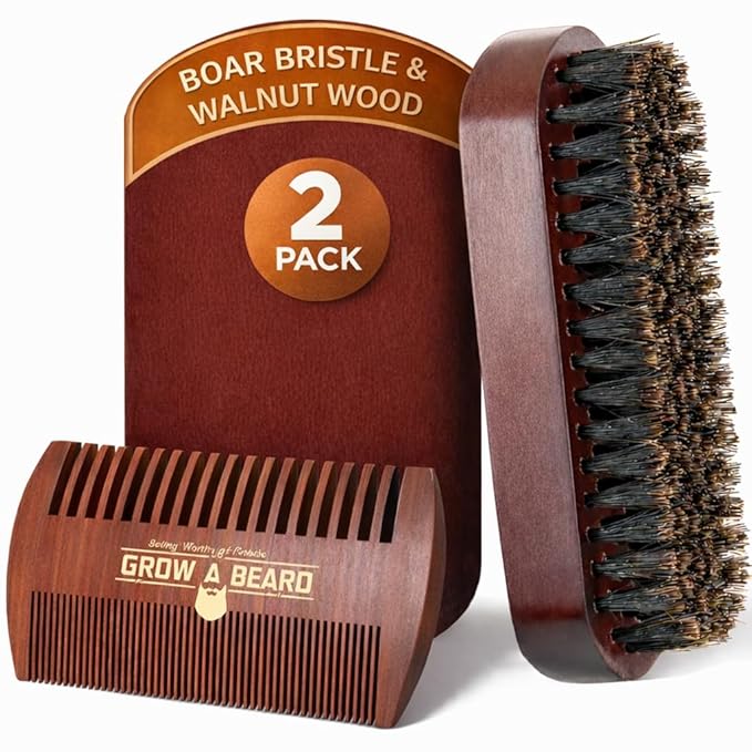 Beard Comb For Men & 100% Boar Bristle Beard Brush For Men, Best Beard Grooming Kit, Natural Mustache Brush And Comb For Men, Hair Brush, Mens Beard Care Gifts, Gift For Beard