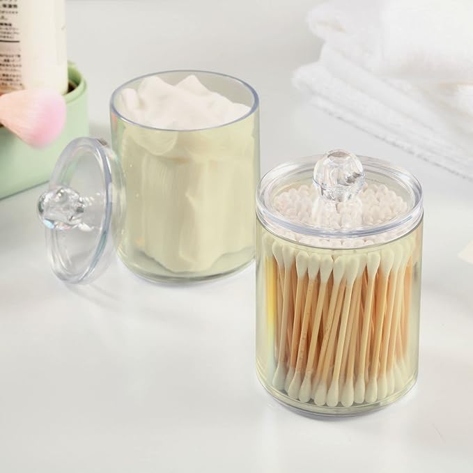 Beige Qtip Holder Organizer Dispenser Cotton Swabs Cans Plastic Jars with Lid Set 4 Pack Bathroom Storage Canister for Cotton Ball Floss Cotton Pads