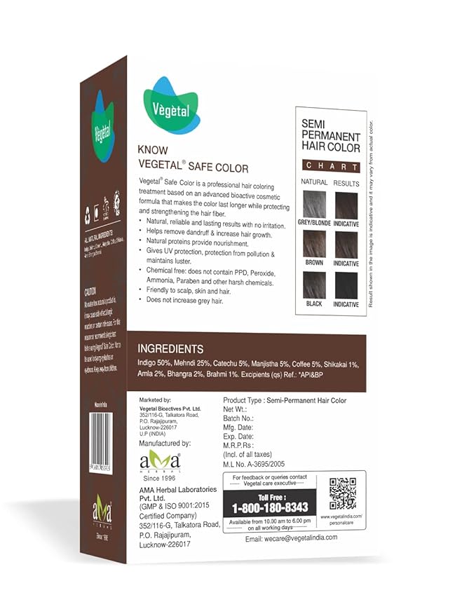 Vegetal Safe Hair Color -Dark Brown 100g. - Certified Organic Chemical and Allergy Free Bio Natural Hair Colour with No Ammonia Formula for Men and Women