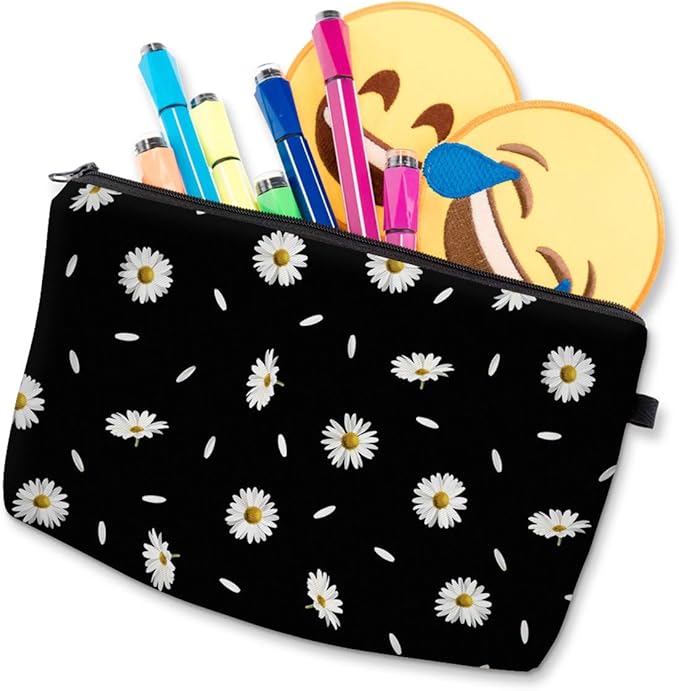 Deanfun Cosmetic Bag for Women, Durable Polyester Makeup Bag Organizer Travel Waterproof Roomy Accessories Daisy Purse Bag Gifts(52366)