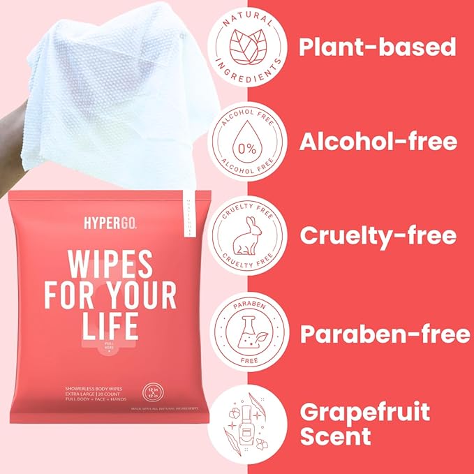 HyperGo XL Body Wipes for Women & Men – 12" x12" Rinse-Free Full Body Cleansing Wipes 2-20 Count Packs - Citrus | Biodegradable, Hypoallergenic, Aloe-Infused | Gym, Festival, Camping Essentials