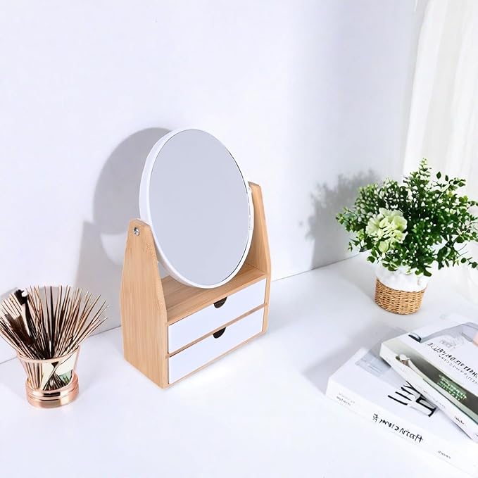 1x / 5X Magnifying Makeup Mirror, Jewelry and Cosmetics Storage Box with Double Drawers, Adjustable Natural Bamboo Stand, 360° rotatable Vertical Desktop Mirror (1, Oval)