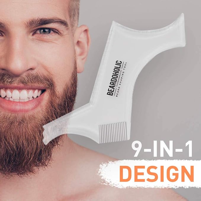 Beardoholic Beard Shaping Tool – 9-in-1 Completely Transparent Design – Achieve Perfectly Precise Lines and Any Beard Shape – Lineup Pencil, Built-In Comb and Trimming Scissors for Maximum Accuracy