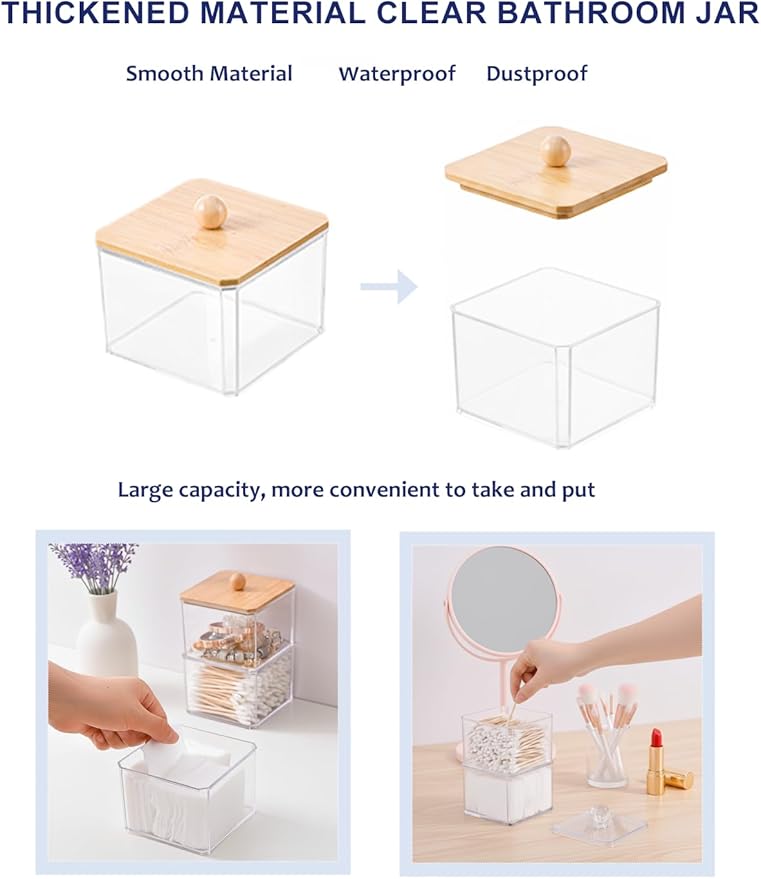 Cotton Swab Holder with Bamboo Lid, Clear PS Plastic Qtip Container, Single Layer Bathroom Countertop Organizer for Cotton Balls & Pads, Vanity Storage, Dorm Room Essentials, Small Space Decor