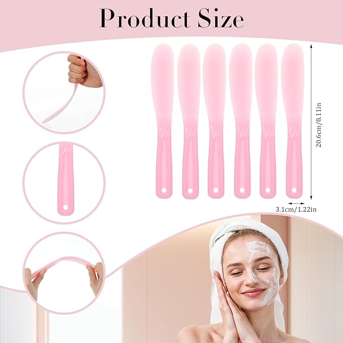 Face Mask Spatula Makeup, 6 Pcs Reusable Plastic Facial Spatula, Skincare Lotion Scoop Applicator Tool, Cosmetic Spatulas for Cream Mixing, Jar Scraping, Makeup & Skincare Tools (Pink)