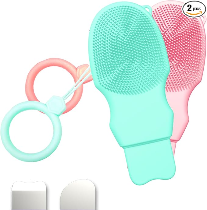 2-Pack Blackhead Remover Double Headed Scraper, Silicone Face Scrubber for Deep Cleansing, Portable Mini Skin Care Tool for Men & Women (Pink + Green)