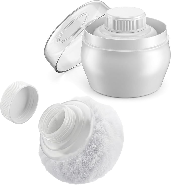 3.1 Inch Body Powder Puff and Container, Fluffy After Bath Body Powder Puff Box, Storage Body Powder Container with Handheld Stand for Baby Adult Daily Care (White)