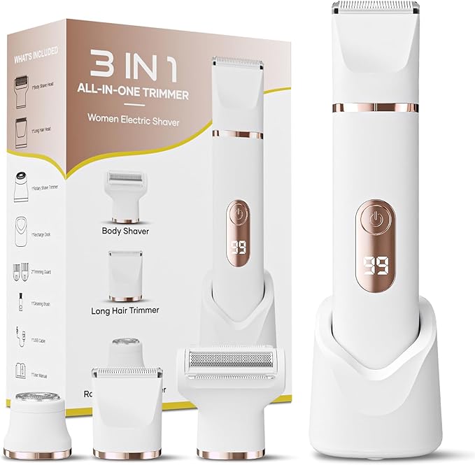 Bikini Trimmer for Women, Tiovara Painless Electric Razors Shaver IPX7 Waterproof Cordless Body Hair Trimmer Pubic Hair Removal with USB Charge Dock for Underarm Leg Arm Body Face Silk Skin (White)