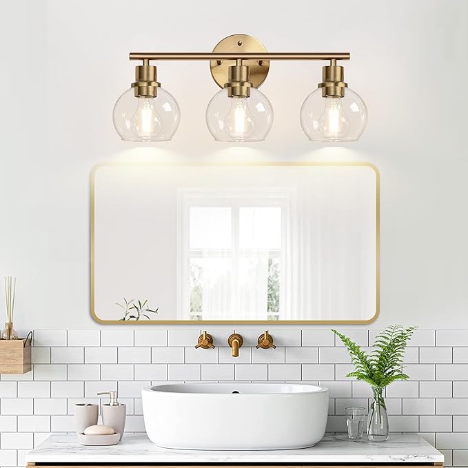 3-Light Bathroom Light Fixtures, Brushed Brass Bathroom Lights Over Mirror with Clear Glass Globe Shade, Vanity Lights for Bathroom Kitchen Living Room Hallway Cabinet Bedroom Porch