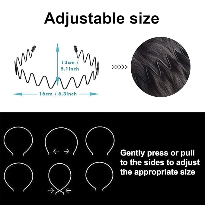 3-Pack Metal Headbands for Men & Women – Generous Fit for Larger Heads & Thick Hair – Black Wavy Non-Slip Hair Bands for Sports, Gym, Yoga and Daily Wear